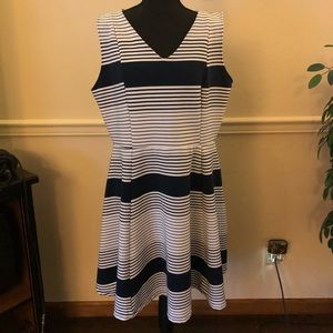 V-neck Navy and White Fit and Flare Dress